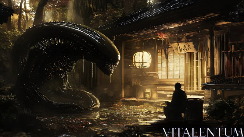 Quiet lantern light meets alien visitor in forest courtyard.