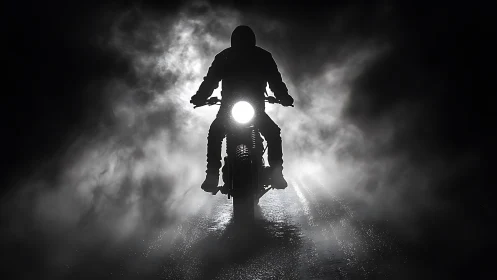 Backlit motorcycle silhouette penetrating volumetric road fog.