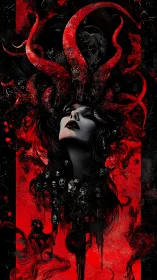 Occult feminine portrait entwined with red demonic tentacles