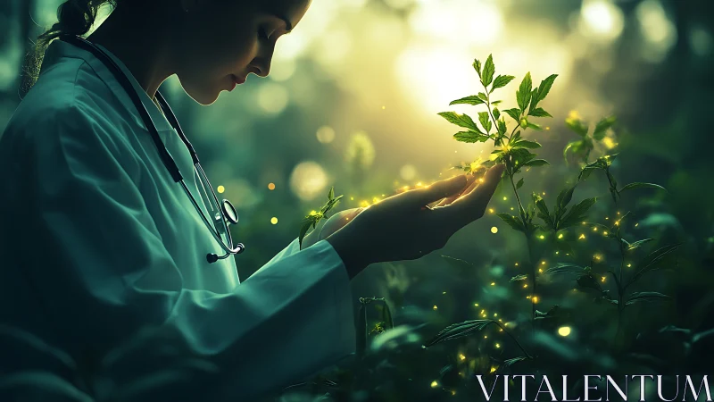 Female doctor in forest examining glowing plant, ethereal lighting.