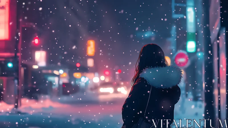 Snowfall silhouettes lone figure under neon city lights.