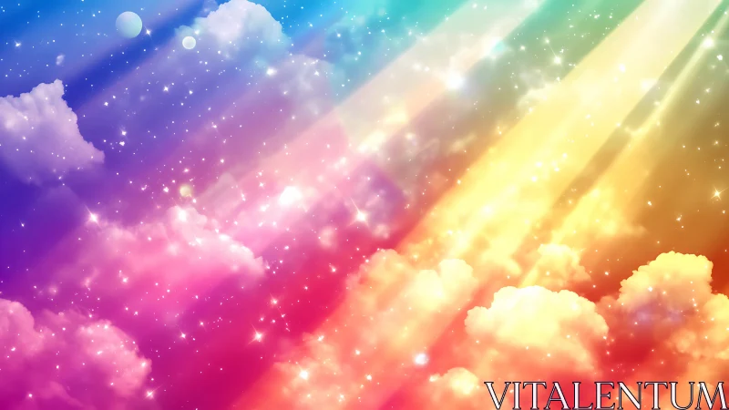 Iridescent celestial cloudscape with radiant light shafts.