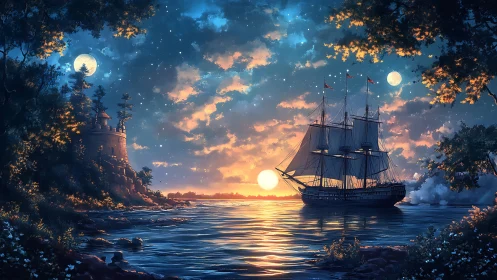 Sailing ship crosses calm water under dual moons at dusk