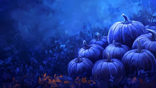 Moonlit blue pumpkins cluster under deep night sky.