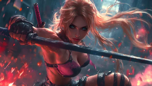 Blonde warrior lunges forward holding katana in burning rain