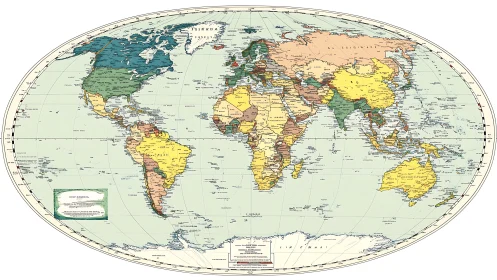 Political world map in oval projection with labeled countries.