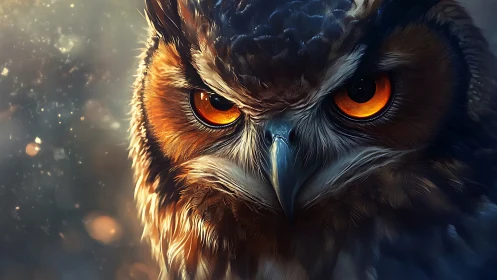Intense close-up of owl in dramatic lighting, digital art style.