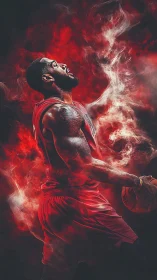 Dynamic red-lit basketball portrait in cinematic smoke haze.