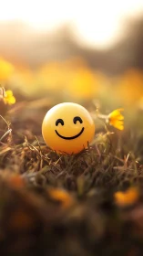 Photorealistic smiley sphere in shallow-focus meadow light.