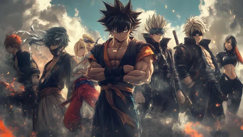 Epic anime warrior ensemble in dynamic storm-lit clouds.