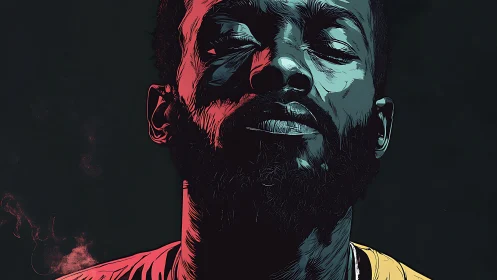 Radiant calm on a shadowed face of neon-lit introspection.