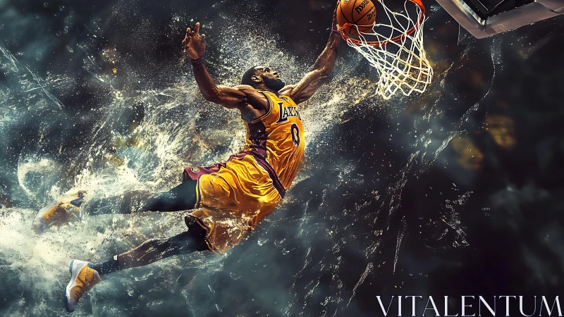 Kinetic digital painting of explosive basketball dunk impact.