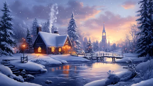 Snow-covered riverside cabin with distant clock tower at dusk.