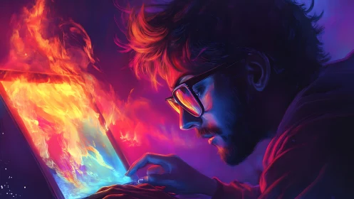 Firelit coder at a glowing laptop of swirling creativity.