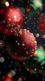 Red Christmas ornament rendered with shallow depth-of-field bokeh