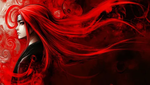 Crimson haired anime warrior in swirling red aura profile.