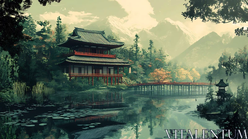 Tranquil lakeside temple beneath mist-veiled mountainscape.
