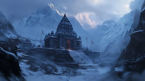 Digital painting of a Himalayan stone temple in winter twilight.