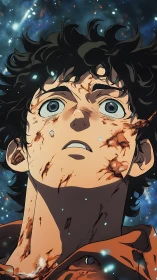 Anime boy stares upward with shocked, wounded expression