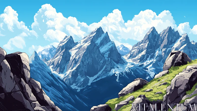 Sunlit alpine ridge overlooks snow-laden jagged mountain range