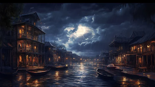 Moonlit canal town in storm, warm windows contrast cold rain