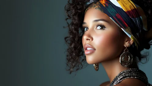 Elegant woman with curly hair in vibrant headscarf, modern portrait.