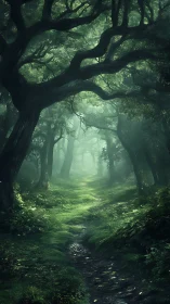 Luminous tunnel where ancient giants frame nature's glowing sanctuary