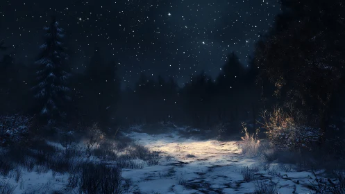 Starlit winter path glows softly beneath a midnight forest sky.