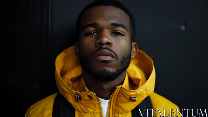 Close-up outdoor portrait, yellow hooded jacket, dark backdrop