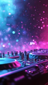 Neon DJ controller glows under bokeh particles in shallow focus