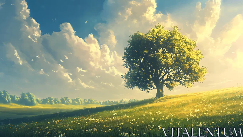 Solitary hilltop tree basks in a wide river of golden light