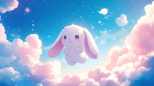 Celestial pastel bunny character floating in luminous cloudscape