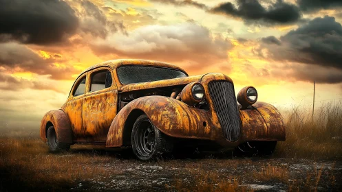 Rust-bitten hot rod rests beneath a storm-streaked sunset sky