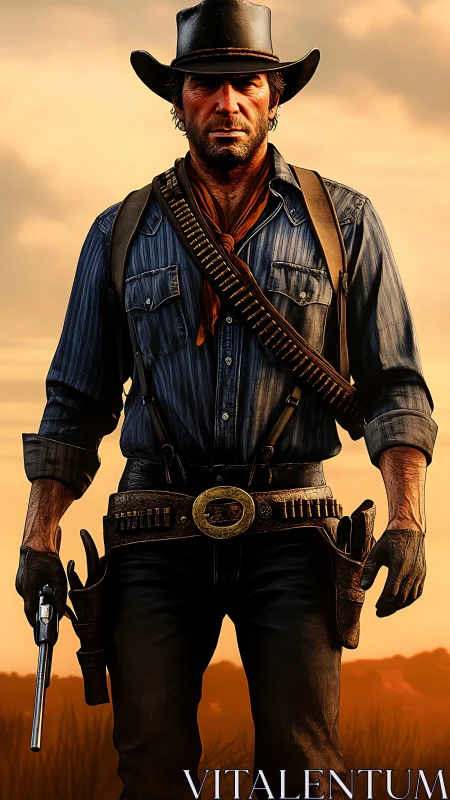 Rugged cowboy gunslinger stands against glowing sunset sky.