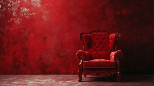 Red velvet armchair against textured monochrome red wall.