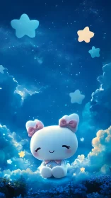 Kawaii plush rabbit figure under luminous dreamy starry sky
