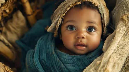 Wide-Eyed Wonder: Bundled Baby's Dreamy Gaze into Possibility.