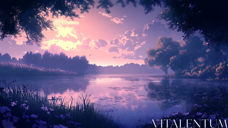 Twilight lakeside landscape with high contrast rim-lit foliage reflections