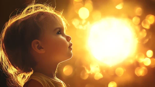 Childlike wonder leans toward a blazing sun of golden light
