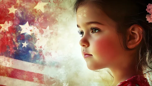 Young Girl Profile with American Flag Patriotic Composition