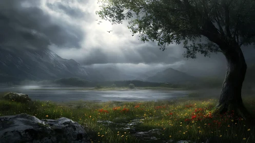 Dramatic stormlit mountain lake with flowering meadow foreground