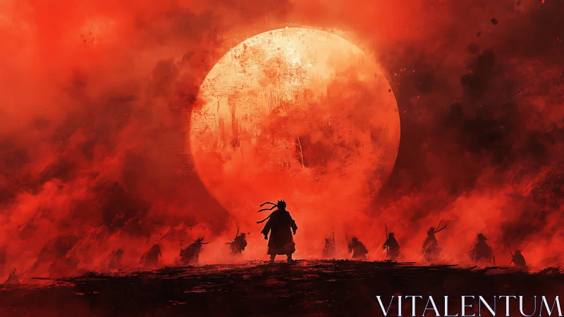 Samurai silhouettes advance before colossal blood-red sun