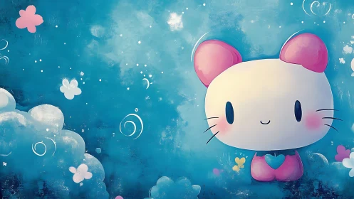 Digital painting of kawaii cat character in dreamy sky field.
