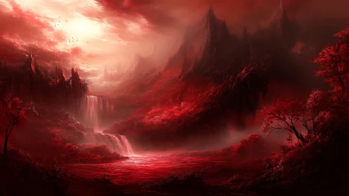 Crimson waterfalls beneath stormlit mountains of mist.