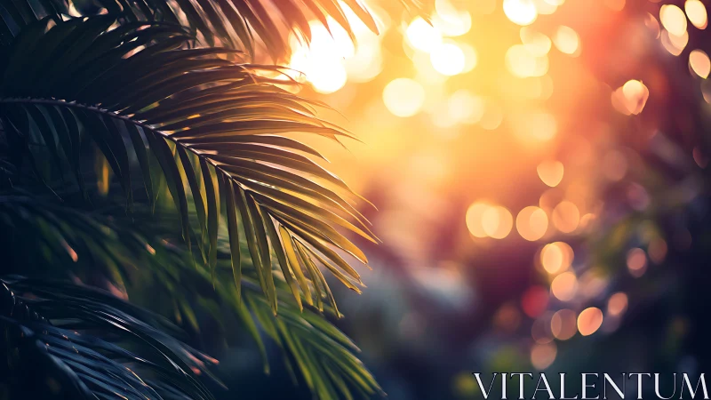 Palm fronds glow against warm tropical sunset bokeh.