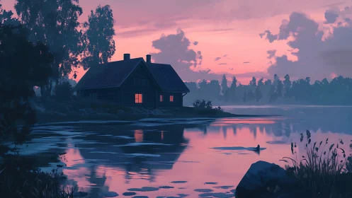 Lakeside cabin under violet dusk sky with glowing windows.