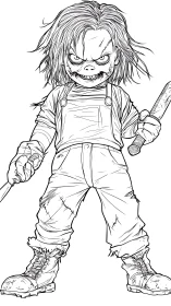 Sinister stitched doll brandishes twin knives in line art.