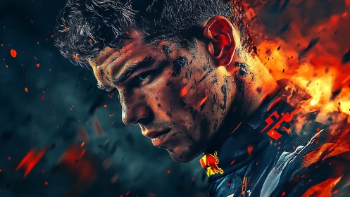 Male racing driver portrait amid fire and debris effects.