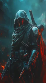 Armored hooded warrior with pistols in burning ruins.