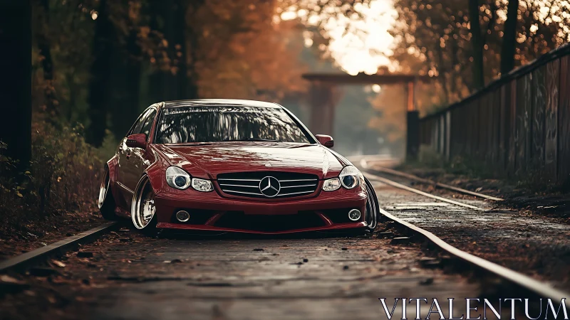 Stanced red Mercedes sedan slammed low on autumn tracks.
